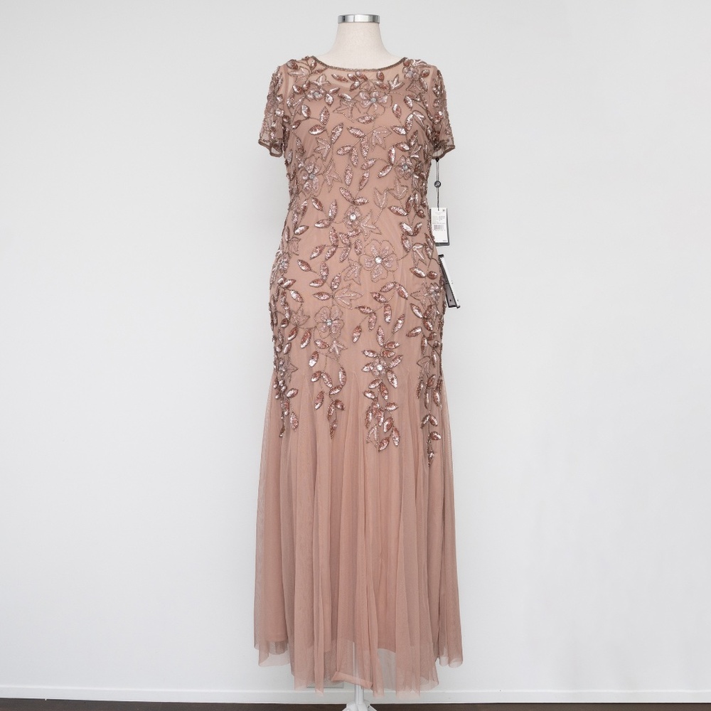Adrianna Papell - Hand Beaded Short Sleeve Floral Godet Gown